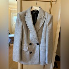 Brand New Never Worn Size Medium Runs Big Grey/ Whool Zara Winter Formal Blazer, Zara Formal Winter Blazer, Elegant Zara Blazer For Winter, Zara Jackets, Blazer Coat, Blazer Suit, Double Breasted, Suit Jacket, Jackets For Women