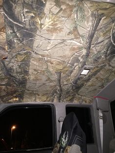 the interior of a vehicle with mossy paint on the walls and ceiling, as seen from below