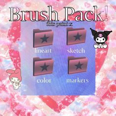 the game brush pack features four different colors and shapes, including hearts, stars, and cats