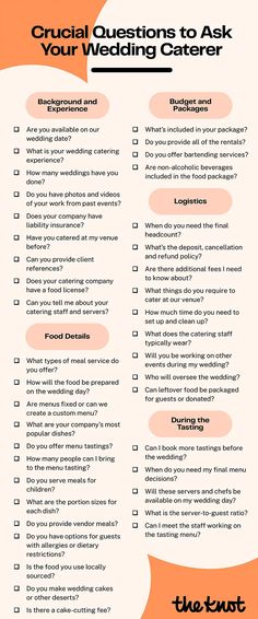 an orange and white checklist with the words crucial questions to ask your wedding caterer