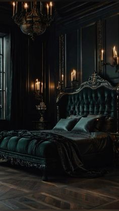 a bed in a room with black walls and chandelier