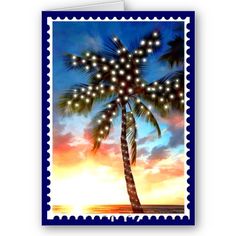 a stamp with a palm tree and lights on it