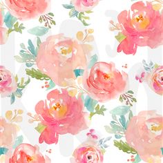 watercolor roses on white background with green leaves and flowers in the center, seamlessly