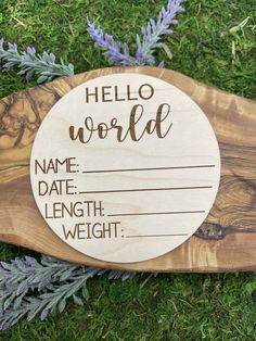 a wooden sign with the words hello world on it, sitting in grass next to lavender flowers