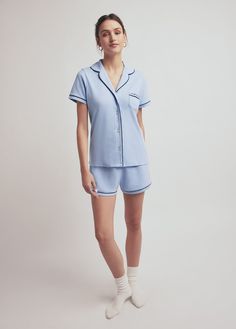 baby blue Light Blue Cotton Loungewear Sets, Light Blue Cotton Lounge Sets, Classic Relaxed Fit Short Sleeve Sets, Blue Collared Sets With Pockets, Blue Collared Cotton Sleepwear, Classic Cotton Loungewear Set, Light Blue Casual Sleepwear With Short Sleeves, Light Blue Casual Short Sleeve Sleepwear, Classic Cotton Sets With Relaxed Fit