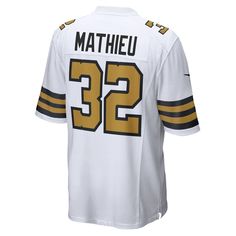 Capture your team's distinct identity when you grab this Tyrann Mathieu New Orleans Saints Player Game Jersey from Nike. It features official team graphics to ensure everyone knows where your loyalty lies. Add this fresh new New Orleans Saints jersey to your collection and get ready for another season of cheering on your favorite player and team. Brand: Nike Officially licensed Mesh side panels for extra breathability Nike Game Material: 100% Polyester Tricot Machine wash, line dry Imported Sewn Nike Team Spirit Jersey For Sports Events, Nike Team Jersey With Logo, Nike Team Jersey For Team Events, Nike Team Jersey, Nike Jersey With Team Name For Fans, Nike Sports Season Jersey For Fans, Nike Sports Fan Jersey, Nike Sports Jersey For Sports Season, Nike Football Season Jersey With Team Name