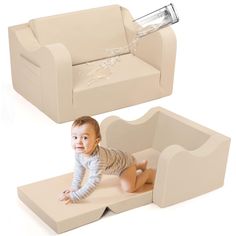 a baby sitting on top of a couch next to a chair with a water bottle in it