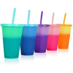 six different colored cups with straws in them are lined up against the same color