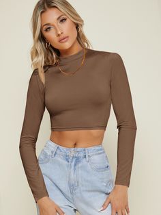 Form-Fitting Mock Neck Crop Top Mocha Brown Casual  Long Sleeve Fabric Plain  High Stretch Spring/Fall Women Clothing, size features are:Bust: ,Length: ,Sleeve Length: Long Sleeve Cropped Top Outfits, Tight Crop Top, Mock Neck Crop Top, Brown Crop Top, Leather Bustier, Slim Fit Top, Crop Top Outfits, Mocha Brown, Cropped Tops