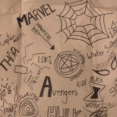 a paper bag with writing on it and spider - man drawn all over the front