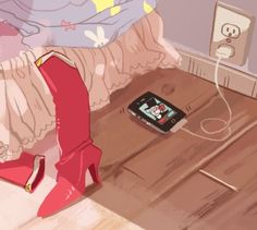 an image of someones feet on the floor with a cell phone in front of them