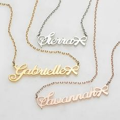 We've put a bow on this spectacular custom gift! This script nameplate necklace features a delicate bow at the end of her name for a sweet look she is sure to love! We can even include a festive holiday card to make your gift complete. Choose from warm Gold, cool Silver or rosy Rose Gold. Personalization cannot contain any special characters, emojis or shapes. Size: one size.  Gender: female.  Age Group: adult. Fancy Script, Nameplate Necklace, Bow Necklace, Festive Holiday, Special Characters, Holiday Card, Name Plate, Customized Gifts, Gender Female