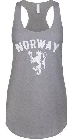 Show your Norwegian pride We prefer to print this design on Next Level's LADIES Ideal Racerback Tank Top line which is 60% combed ringspun cotton/40% polyester (yes, that is the good soft stuff, not the cheap scratchy kind), but if those are not available from our supplier for the size and color you'd like we will use a comparable brand as a replacement to get you your item as soon as possible with the same quality and feel you've come to expect from Next Level. The design is printed and shipped Royal Coat Of Arms, Novelty Clothing, Sports Fan, Coat Of Arms, Racerback Tank Top, Soccer Jersey, Sizing Chart, Racerback Tank, Womens Clothing Tops