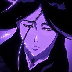 an anime character with long black hair and purple eyes looks at the camera while staring into the distance