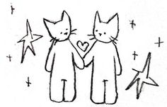 two cats are holding hands with stars in the background and one cat is making a heart