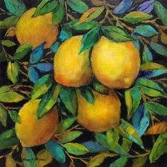 a painting of lemons and leaves on a black background