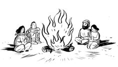 three people sitting around a campfire while one person sits on the ground next to them