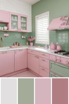 a kitchen with pink and green colors in the cabinets, drawers, and counter tops