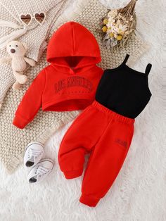 Baby Girl Letter Graphic Sweatpants & Hoodie & Cami Top Red   Long Sleeve Fabric Letter  Medium Stretch Spring/Fall Baby Girls Clothing, size features are:Bust: ,Length: ,Sleeve Length: Red Hooded Winter Set, Red Cotton Sets For Fall, Red Cotton Fall Season Set, Casual Outfits For Fall, Graphic Sweatpants, Sweatpants And Hoodie, Kids Sports Shoes