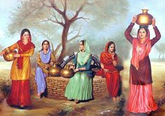 Punjabi Culture Painting, Punjabi Culture Art, Village Life Painting, Figure Composition, Village Drawing, Memory Drawing