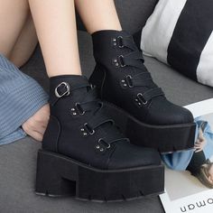 Upper Material: Vegan LeatherOutsole Material: RubberClosure Type: Buckle StrapHeel Height: 3.14in / 8cmPlatform Height: 1.96in / 5cm *Please check the size chart before ordering, for the UK it is US size minus 2. Goth Boots Women, Techwear Boots, Rocker Outfit, Goth Shoes, Goth Boots, Rock Outfit, Punk Rock Fashion, Poses References, Buckle Shoes