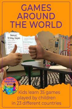 two children are playing games around the world with an orange background and text that reads games around the world kids learn 35 games played by children in 23 different countries