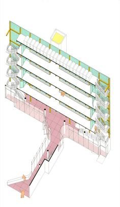 an architectural drawing of a building with stairs and balconies on the top floor