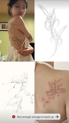 the back of a woman's shoulder with tattoos on it and an image of a flower