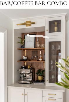 a coffee bar with white cabinets and gold trim on the bottom shelf is featured in this article