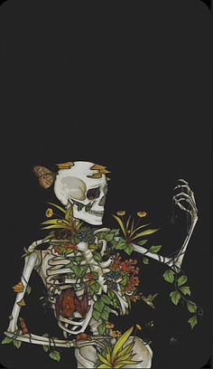 a painting of a skeleton with flowers and butterflies on it's body, holding a plant