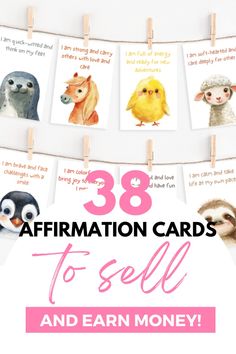 an image of animals on clothes pins with the words 38 affirmation cards to sell and earn money