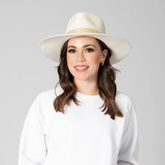 Say I do with this beautiful white fedora made for any Bride. Your look will be complete with lots of love and this perfect hat to match any dress. Features: Brim Size: 3.75" 100% wool Women's one size Wool felt flat brim fedora with gold jacquard band White Fedora, Wide Brim Hat Summer, Facebook Style, Hat Clips, Felt Fedora, Scarf Poncho, Lots Of Love, Dress Hats, Love At First