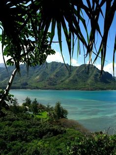 the water is very blue and clear with mountains in the background