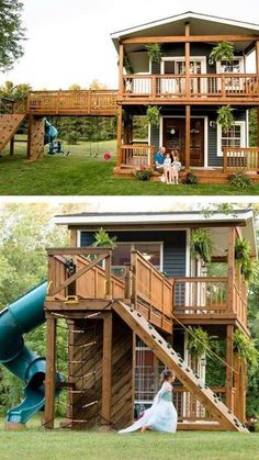 two pictures of people in front of a house with a slide and play set on the lawn