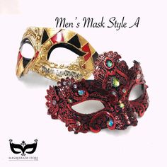 This couple's red, black, and gold masquerade mask pairing complements any formal attire you choose for your Christmas or New Years Eve masquerade Ball event. I N C L U D E D Available for purchase as a couple's set and choose from 3 distinct styles! Masks come with matching double sided satin ribbons attached.. S H I P P I N G - Current processing times range 5-7 days. Pls note expedited & 1-2 day guaranteed delivery services offered will still require the same processing times. S I Z E Adult s Black And Gold Masquerade Mask, Christmas Masquerade, Mask Masquerade Ball, Ball Event, Gold Masquerade Mask, Metal Mask, Mask Style, Party Masks, Female Mask