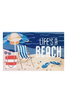 a beach scene with an umbrella, chair and flip flops on the sand that says life's a beach