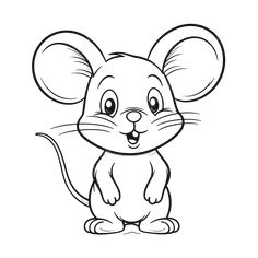 a cartoon mouse sitting on the ground with its tongue out and eyes wide open, outlined in