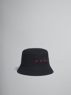 Bucket hat made from organic cotton gabardine. Embellished with embroidered Marni lettering on the front. Lined in cotton. Flat Brim Cotton Hat With Logo, Black Wide Brim Hat With Embroidered Logo, Hat Making, Cotton Weaving, Hats For Men, Bucket Hat, Organic Cotton, Online Store, Hats