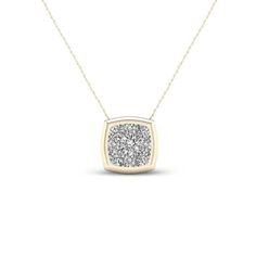 Amp up the sparkle volume with this dazzling cushion-shaped diamond pendant. Crafted in warm 10K gold, this petite design features a 1/15 ct. diamond at the center of a shimmering composite. A polished frame completes this spellbinding look. Radiant with 1/3 ct. t.w. of diamonds and a brilliant buffed luster, this dainty pendant suspends along an 18.0-inch rope chain that secures with a spring-ring clasp. Gold Necklace Zales, Diamond Clarity, Diamond Stone, Stone Settings, Necklace Designs