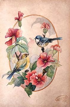 a bird sitting on top of a flower next to a circle with leaves and flowers around it