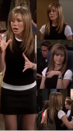 Capture the essence of Rachel Green’s iconic style with this chic monochromatic layered look from the final episode of "Friends." Featuring a white t-shirt, black sweater vest, black mini skirt, and tights, this outfit exudes timeless elegance and 90s nostalgia. Perfect for fans of 90s fashion and the unforgettable style of "Friends". Ideal for both casual and workwear wardrobes. #90sFashion #RachelGreenStyle #FriendsFashion #MonochromaticLook #LayeredOutfit #IconicOutfits #RetroFashion #VintageStyle #90sStyle #OOTD #FashionInspo #NostalgicFashion #TVShowStyle #TimelessFashion #WardrobeGoals #FashionThrowback #ClassicLook #90sTrends #VintageOutfit #StyleIcon Rachel Green Last Episode Outfit, Rachel Green Outfits Black Skirt, 90s Films Outfits, Black Mini Skirt Outfit 90s, Outfits With A Black Mini Skirt, 90s Black Skirt Outfit, Black Vest Over White Shirt, Rachel Greene Inspired Outfits