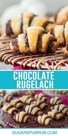 chocolate rugelach cookies on a wire rack with the words, chocolate rugelach