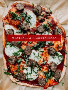 a meatball and ricotta pizza on a piece of parchment paper with the words meatball and ricotta pizza above it