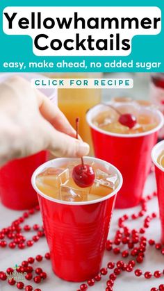 three red plastic cups filled with drinks and topped with cherries on a white table