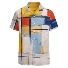 Introducing our vibrant button-down shirt featuring a Piet Mondrian-inspired graphic design, sure to elevate your wardrobe with its artistic flair. Crafted from 100% polyester, this shirt offers premium quality with a soft, comfortable, and lightweight fabric. The retro V-neck design and short sleeves lend a timeless appeal, while the buttoned front ensures easy wearability. Its loose, large size design makes it suitable for a wide range of body types, ensuring a comfortable fit for most wearers Multicolor Abstract Print Button-up Shirt, Summer Multicolor Collared T-shirt, White Button-up Summer T-shirt, Multicolor Graphic Print Hawaiian Shirt, Multicolor Relaxed Fit Hawaiian Shirt With Short Sleeves, Multicolor Retro Print Shirt For Summer, Casual Shirt With Abstract Pattern, Casual Shirt With Abstract Print For Summer, White Graphic Design Shirt For Summer