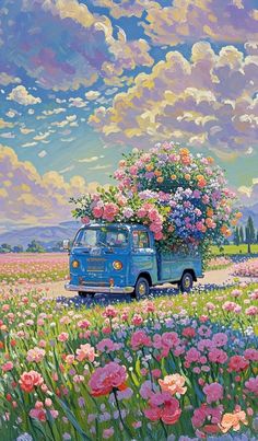 a painting of a van with flowers in the back