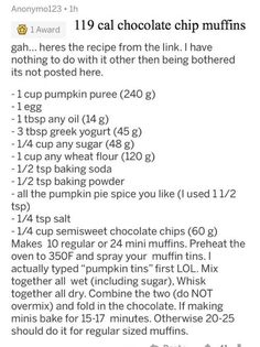 the recipe for chocolate chip muffins is shown in this screenshot from an instagram