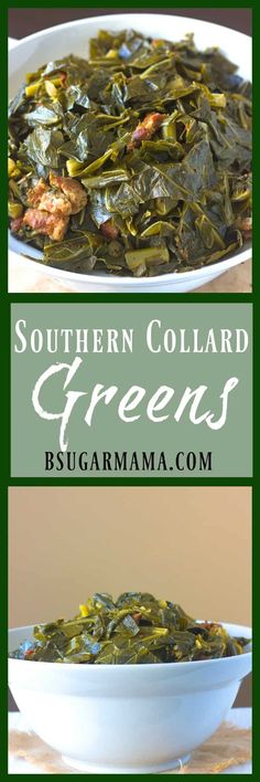 southern collard greens in a white bowl on a wooden table with text overlay