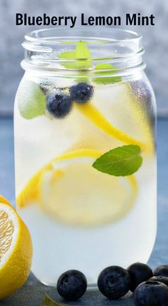 blueberry lemon mint iced tea in a mason jar