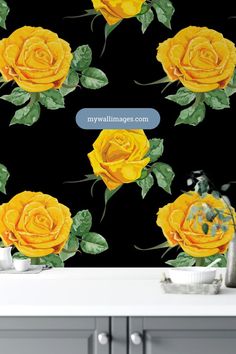 Large Yellow Roses on Black Removable Wallpaper Traditional Home Interior Design, Wallpaper Decor Ideas, Room Decor Floral, Floral Design Inspiration, Decor Makeover